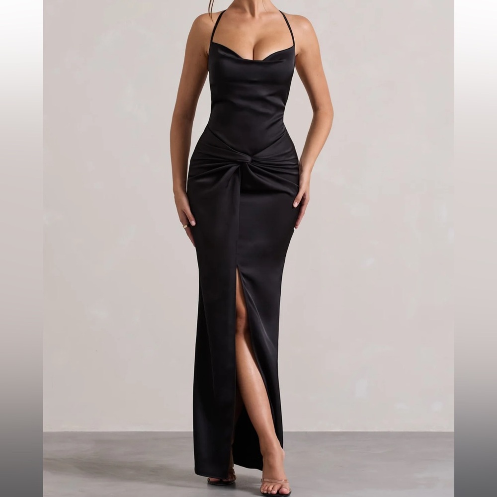 Club L London Black Satin Maxi Dress with Front Knot & Thigh Split